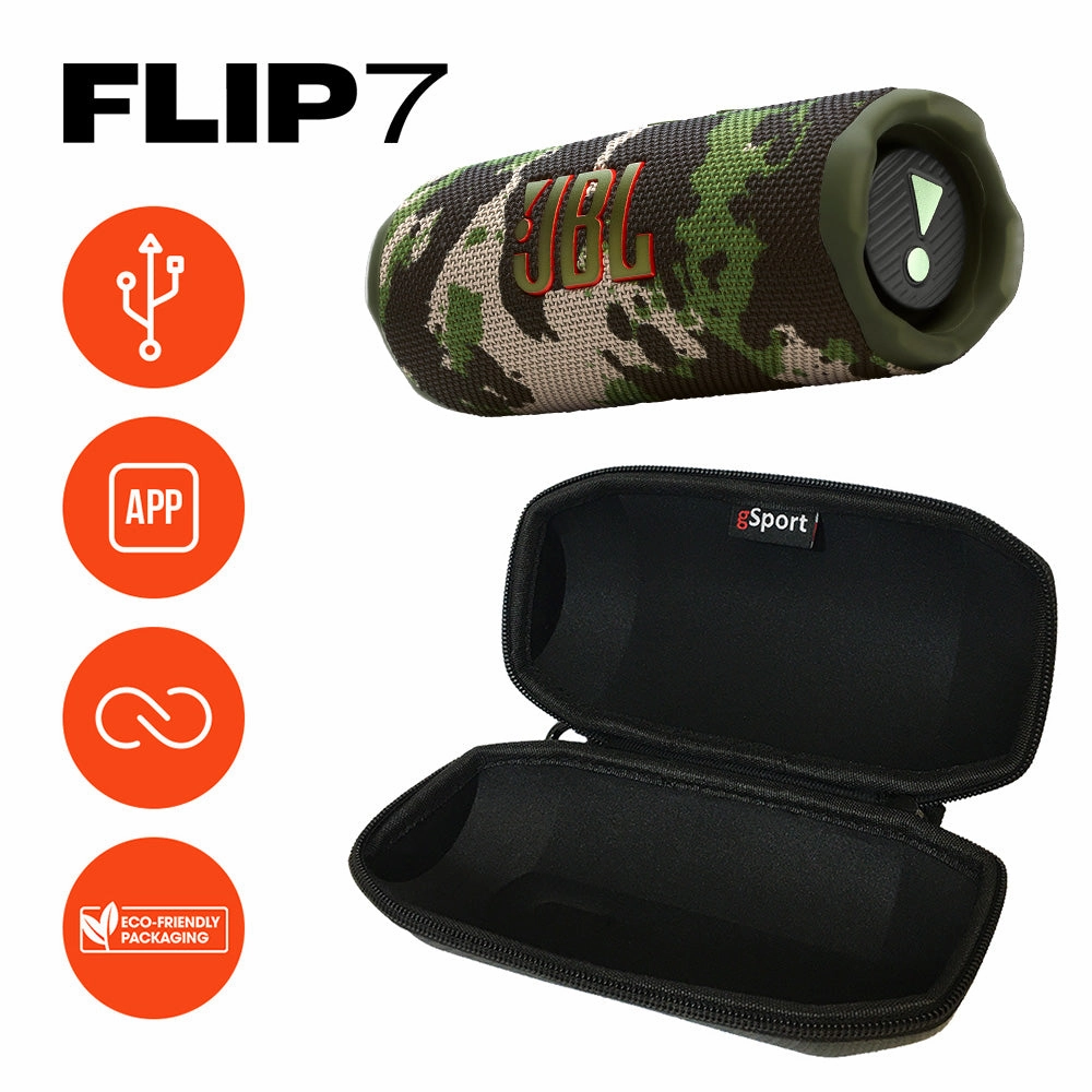 JBL FLIP 7 Waterproof Portable Speaker Bundle with gSport Carbon Fiber Case (Camo)