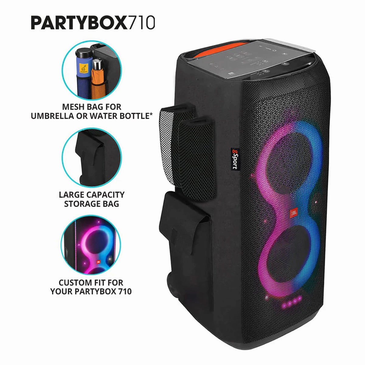 JBL PartyBox 710 Portable Party Speaker with gSport Cargo Sleeve (Black)