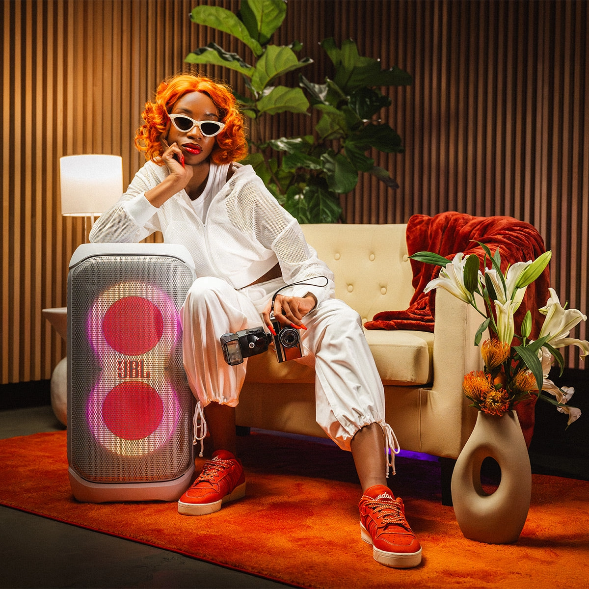 JBL PartyBox Club 120 Portable Party Speaker with gSport Cargo Sleeve (White)